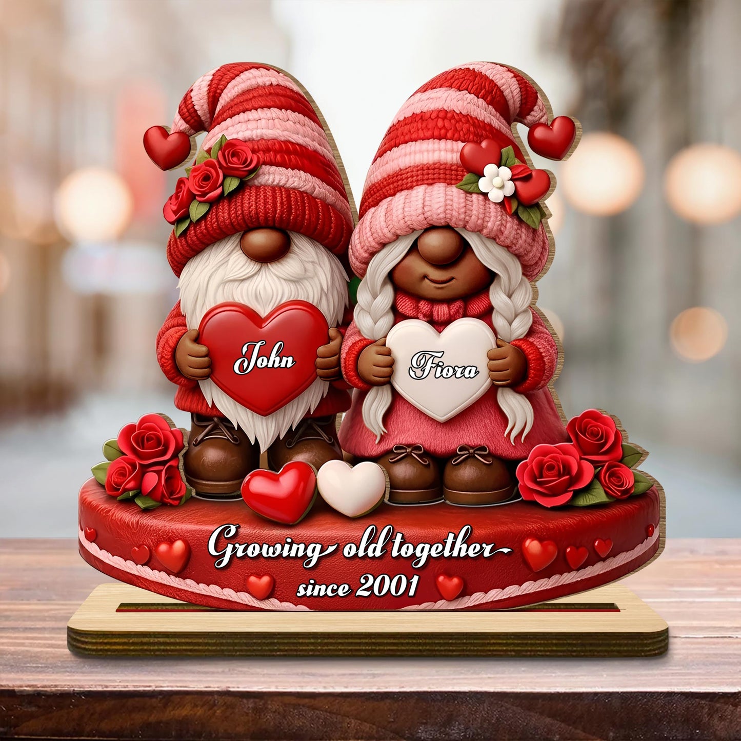 Growing Old Together, Gnomes With Hearts And Roses - Personalized Custom 2-Layer Wood Plaque With Flat Base - CPL979_WPLA