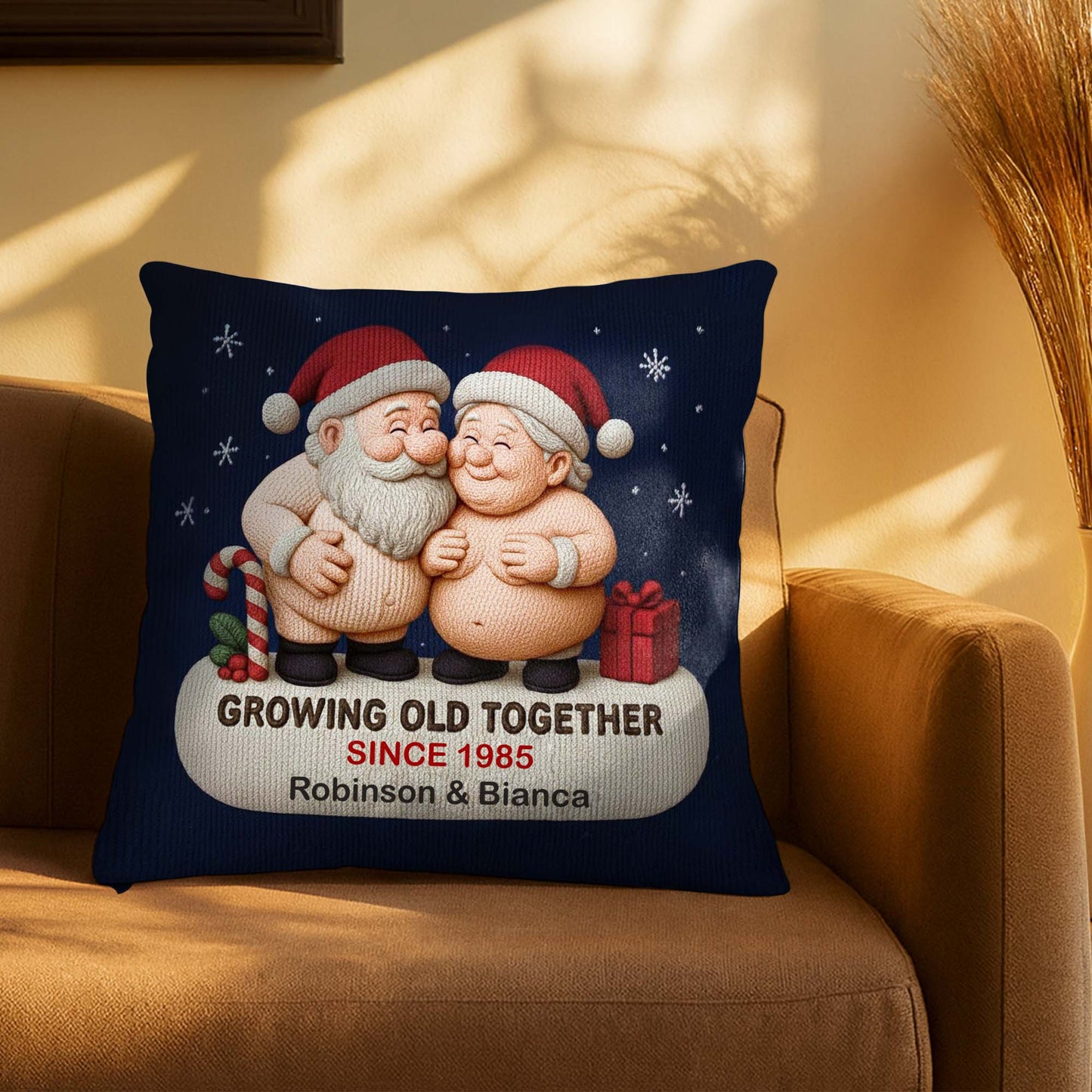 Growing Old Together, Two Santa Clauses Embrace