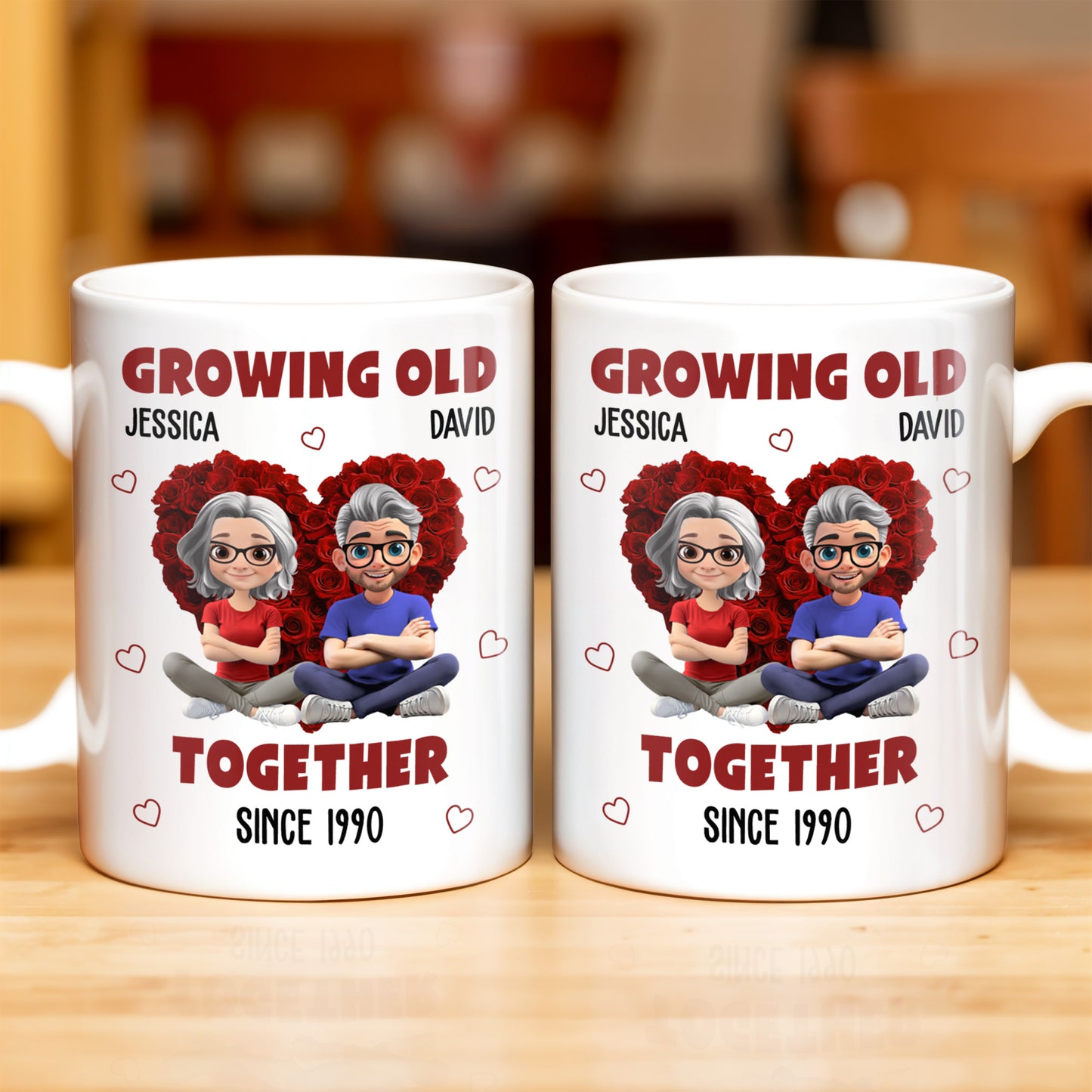 Growing Old Together Hearts and Cartoon Couple Design