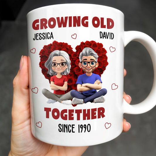 Growing Old Together Hearts and Cartoon Couple Design