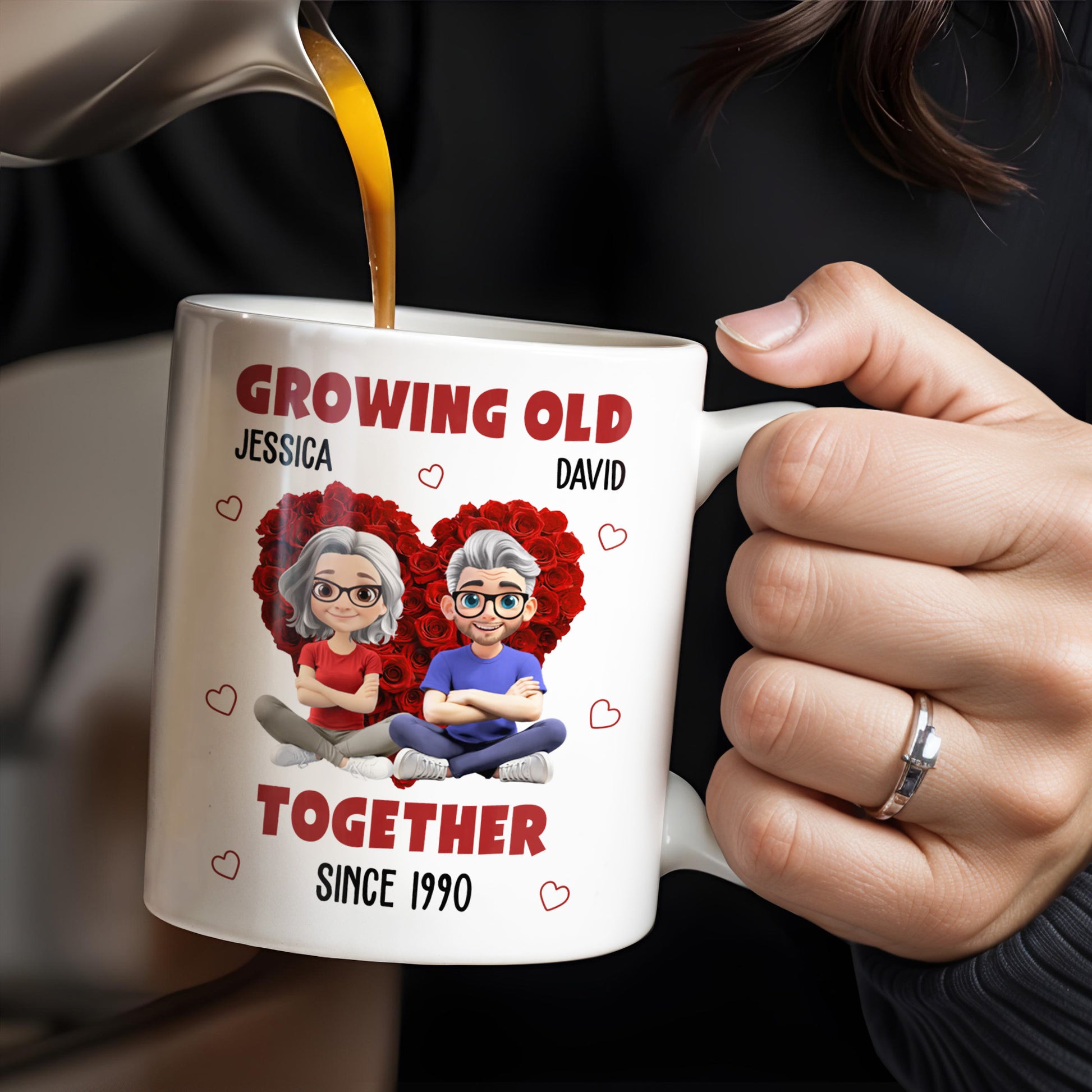 Growing Old Together Hearts and Cartoon Couple Design