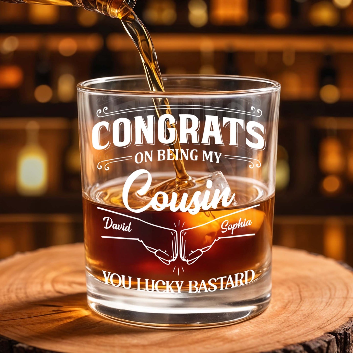 Congrats On Being My Cousin, Whiskey Glass With Hands Shaking Design