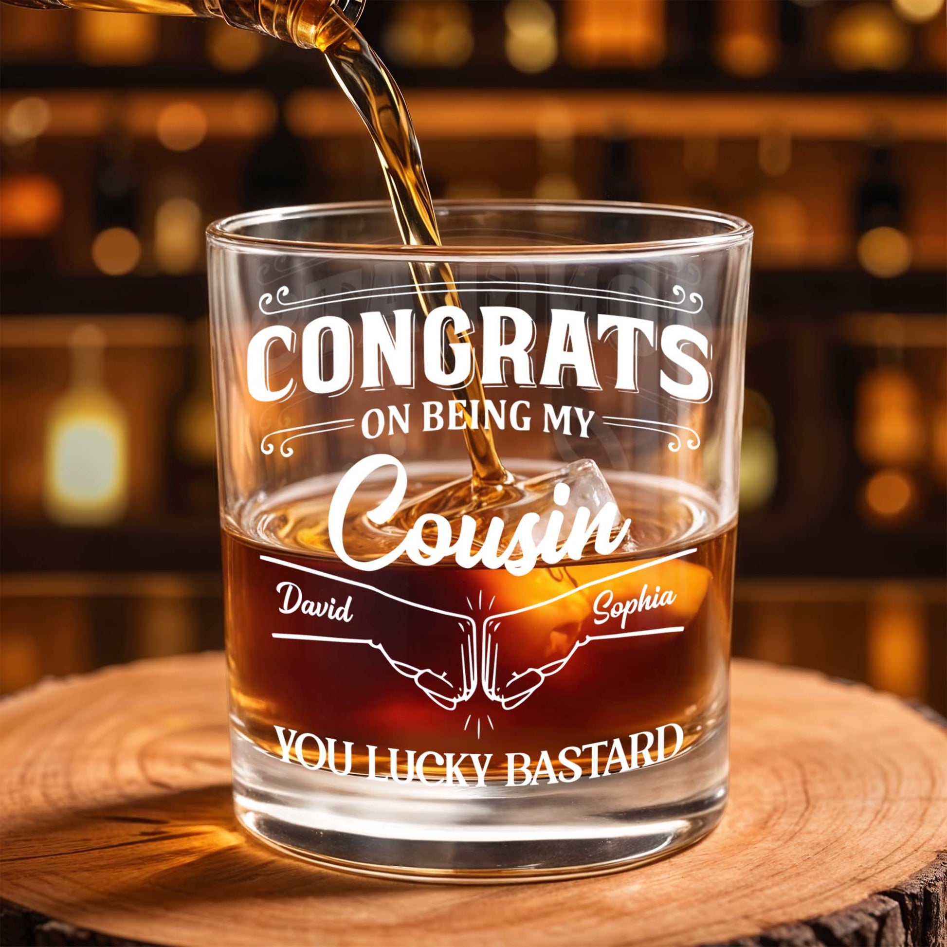 Congrats On Being My Cousin, Whiskey Glass With Hands Shaking Design