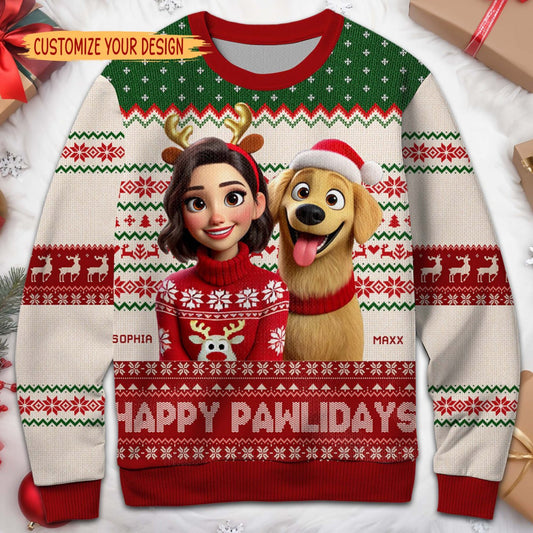 Happy Pawlidays Festive Reindeer Sweater - Personalized Custom Ugly Sweatshirt, Unisex Wool Jumper  - PET054_TWS