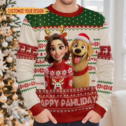 Happy Pawlidays Festive Reindeer Sweater - Personalized Custom Ugly Sweatshirt, Unisex Wool Jumper  - PET054_TWS