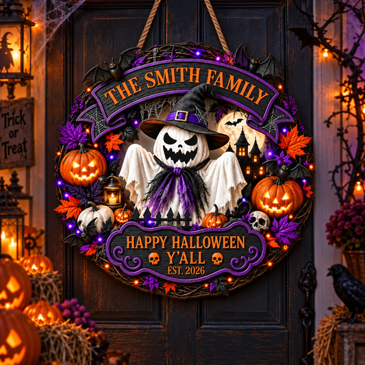 The Family Happy Halloween Y'all Ghost Pumpkin And Bats Wreath - Personalized Custom Shaped Wood Sign - HALW222_WSIGN
