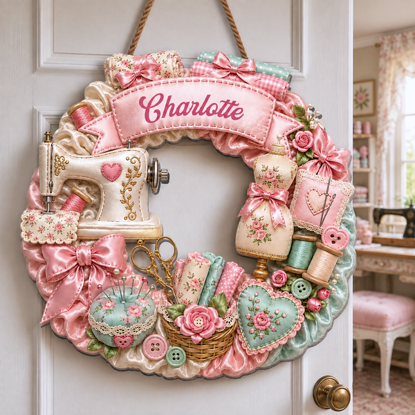 Custom Name Sewing Machine And Craft Wreath With Flowers - Personalized Custom Shaped Wood Sign - HAND126_WSIGN