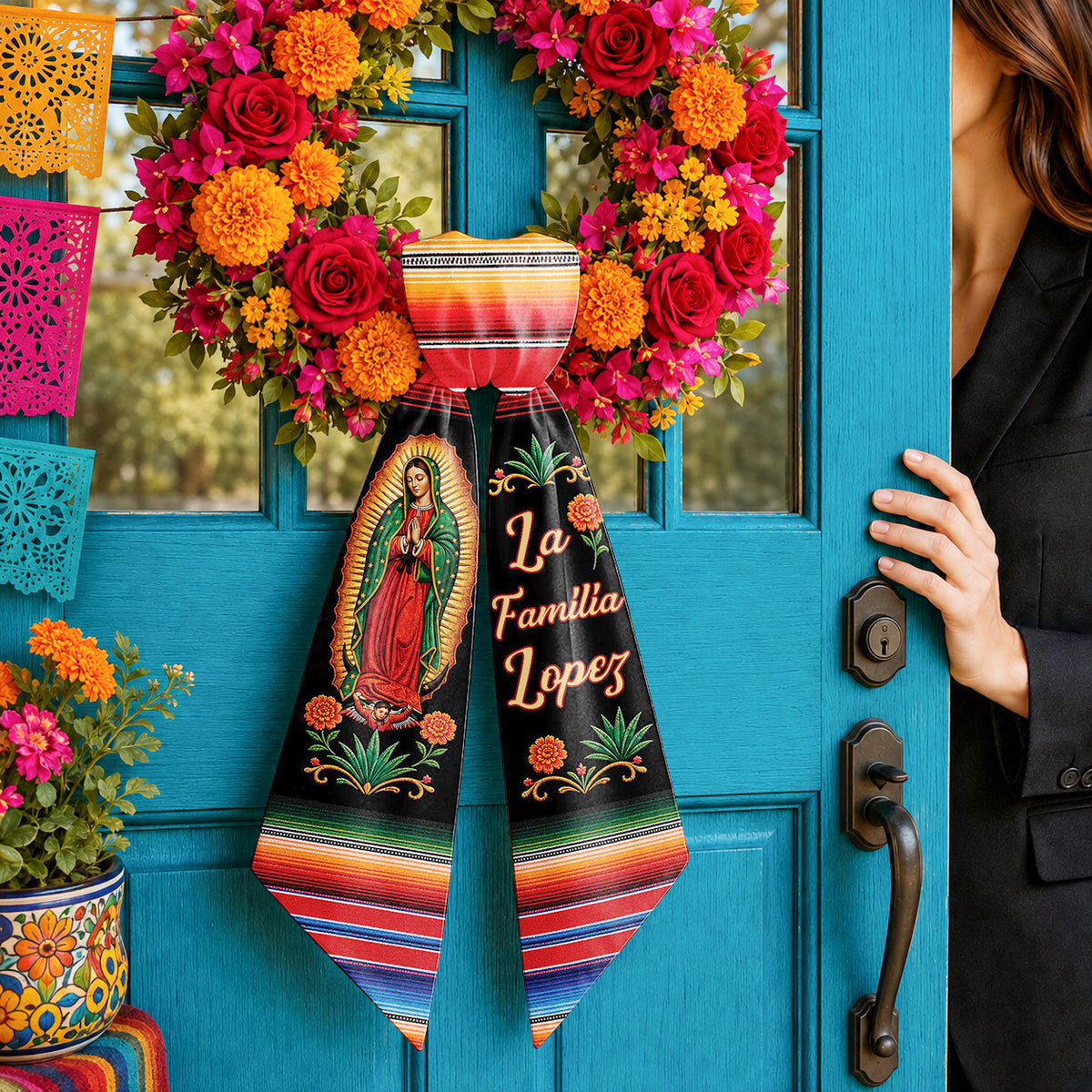 La Familia Virgin Of Guadalupe Floral Serape Custom Name - Personalized Custom Decorative Sash - HSP048_WRESA