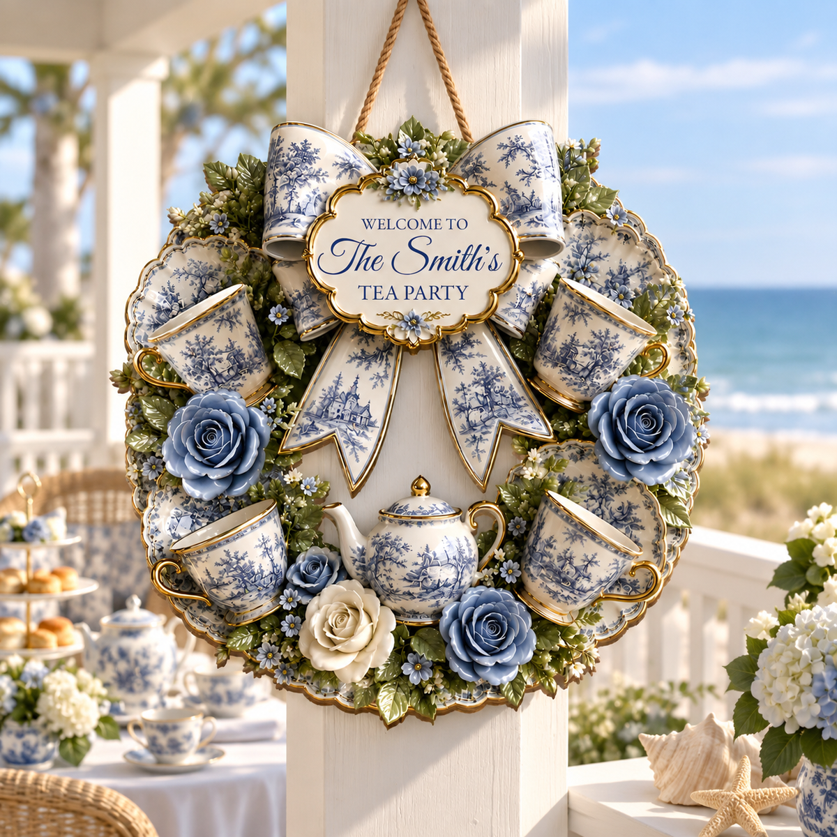Welcome To Our Tea Party Wreath With Teacups And Blue Roses - Personalized Custom Shaped Wood Sign - HOB420_WSIGN