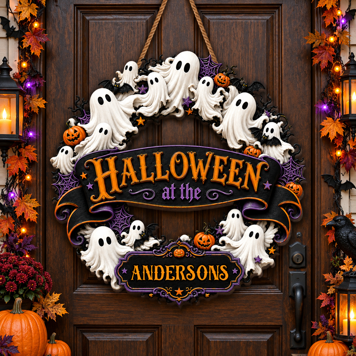 Halloween At The Our Family Ghosts And Pumpkins Wreath - Personalized Custom Shaped Wood Sign - HALW201_WSIGN