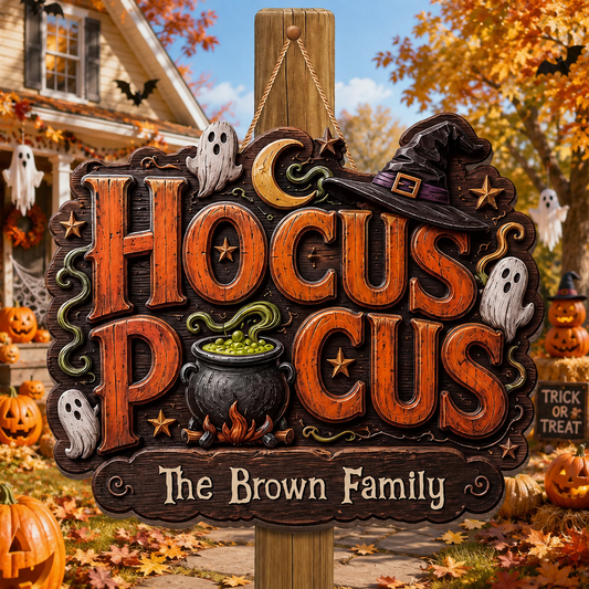 Hocus Pocus Our Family Custom Witch Hat Cauldron Ghost Wood Sign - Personalized Custom Shaped Wood Sign - HALW167_WSIGN