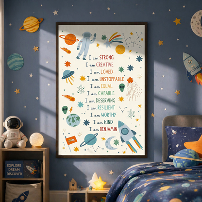 I Am Strong Kids Space Affirmations With Astronaut And Planets - Personalized Custom Vertical Poster - KID668_VPOS