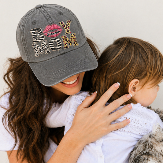 Boy Mom With Lips And Leopard Pattern - Personalized Custom Washed Denim Cap - MOM398_WDCAP