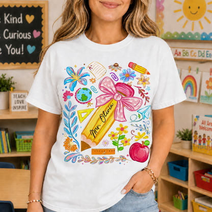 My Classroom Pencil With Pink Bow And School Flowers - Personalized Custom Unisex T-shirt, Hoodie - TEACH184_WBAS