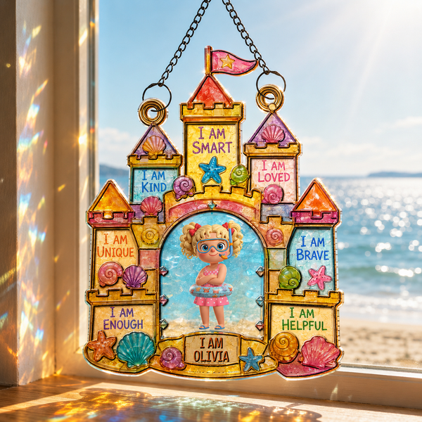 I Am Smart Kind Loved Affirmations Sandcastle Shells And Starfish - Personalized Custom Suncatcher - KID722_CSUN