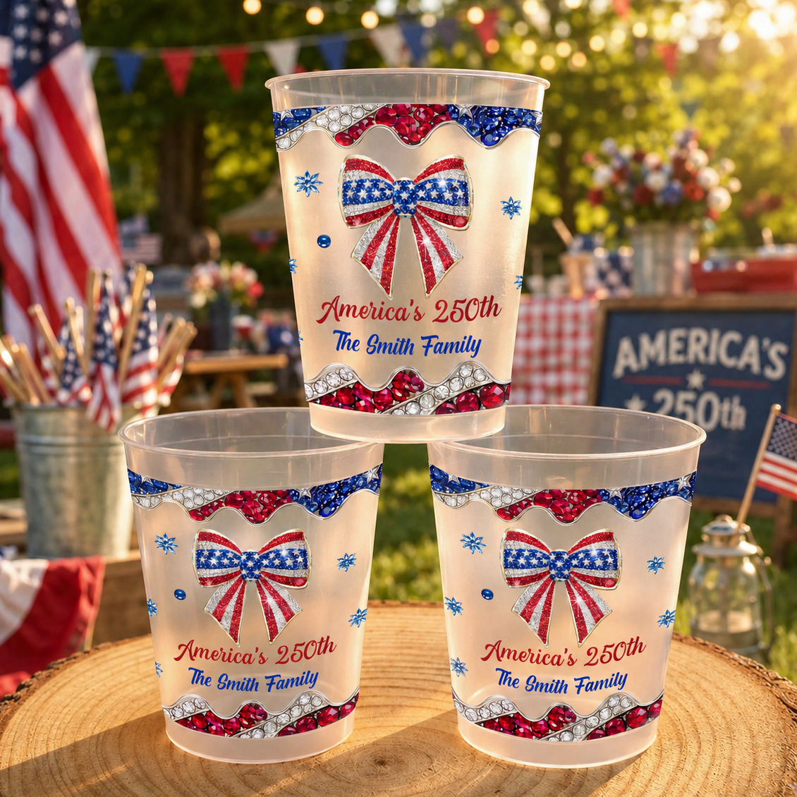 America's 250th Anniversary Sparkly Bow Patriotic Family - Personalized Frosted Cups - INDE255_FCUP