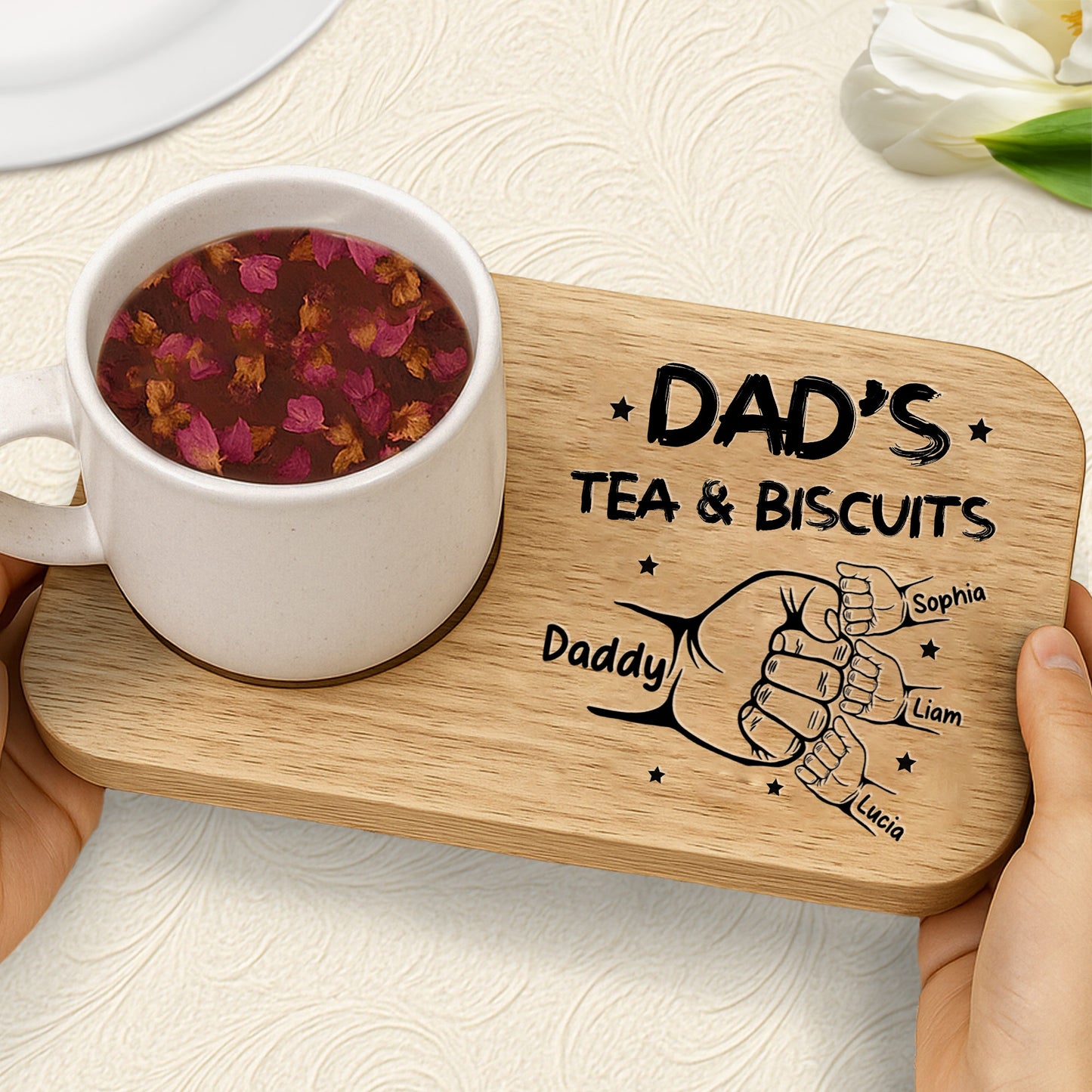 Dad's Tea & Biscuits, Cup Holder - Personalized Engraved Serving Board With Cup Holder - DAD012_WOBOE