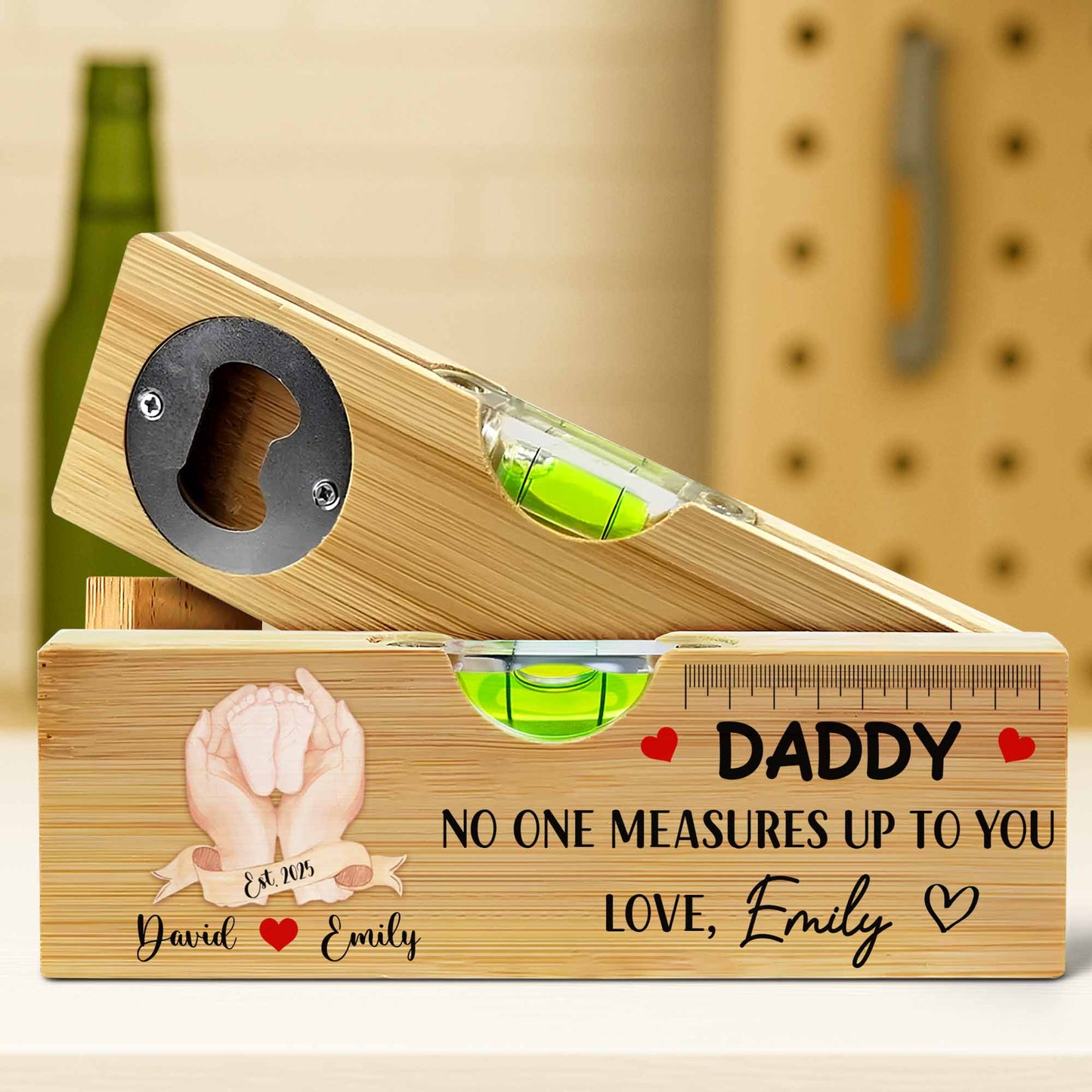 Papa, personne ne te surpasse, cœur et règle - Niveau à bulle en bois personnalisé avec décapsuleur - DAD016_PLEV