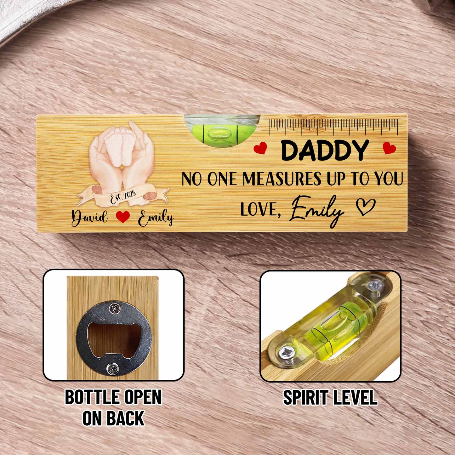 Papa, personne ne te surpasse, cœur et règle - Niveau à bulle en bois personnalisé avec décapsuleur - DAD016_PLEV