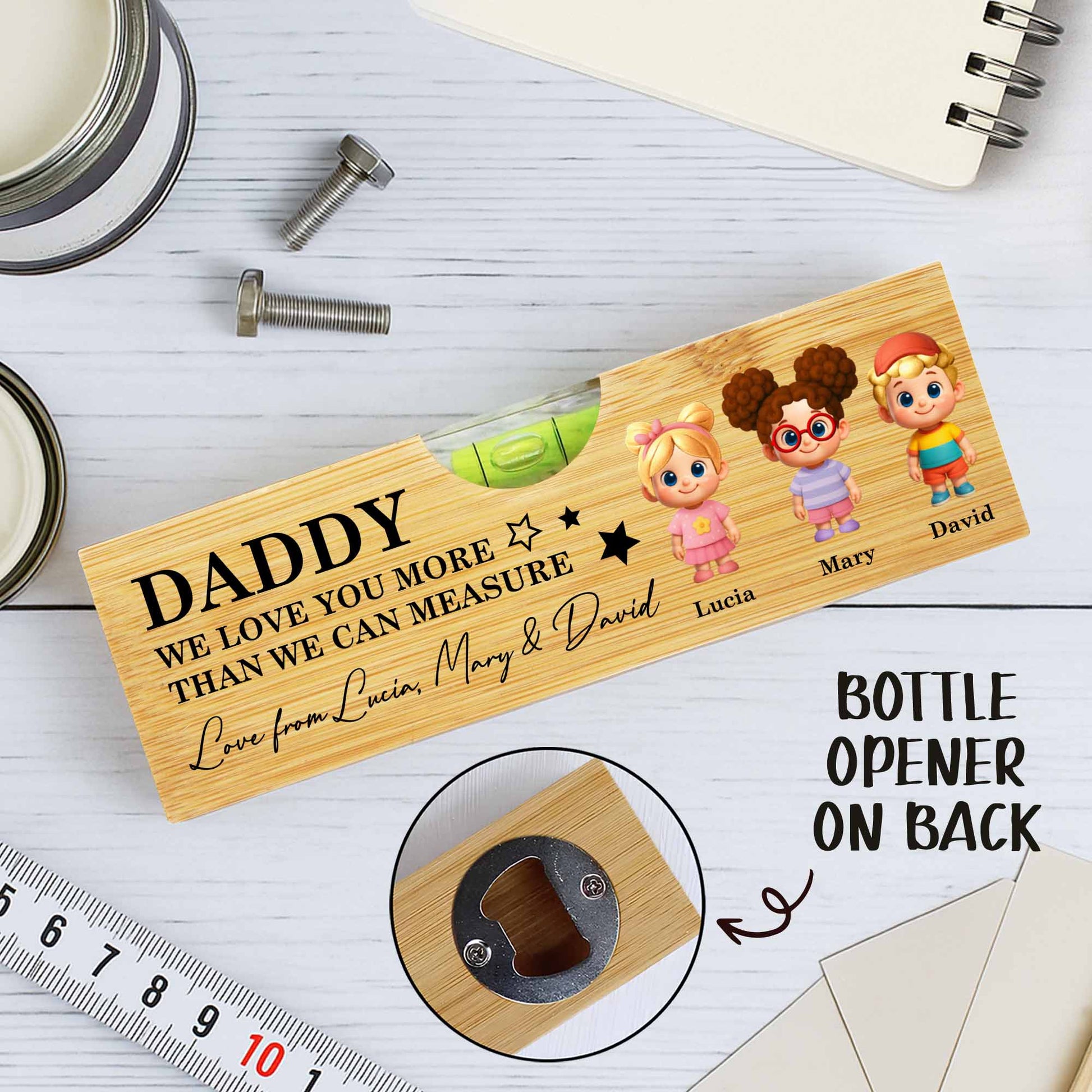 Daddy We Love You More Than We Can Measure, Spirit Level With Cartoon Figures