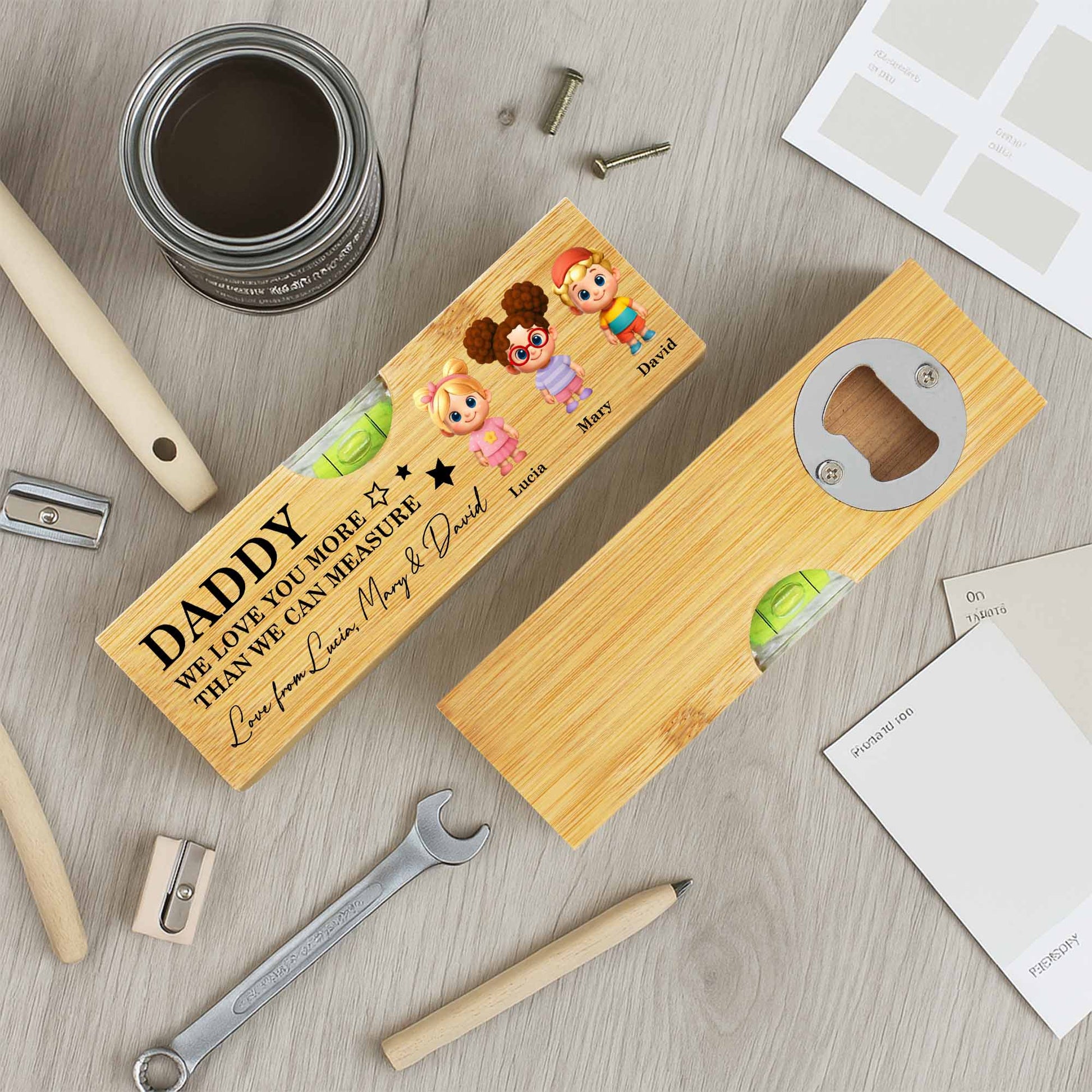 Daddy We Love You More Than We Can Measure, Spirit Level With Cartoon Figures