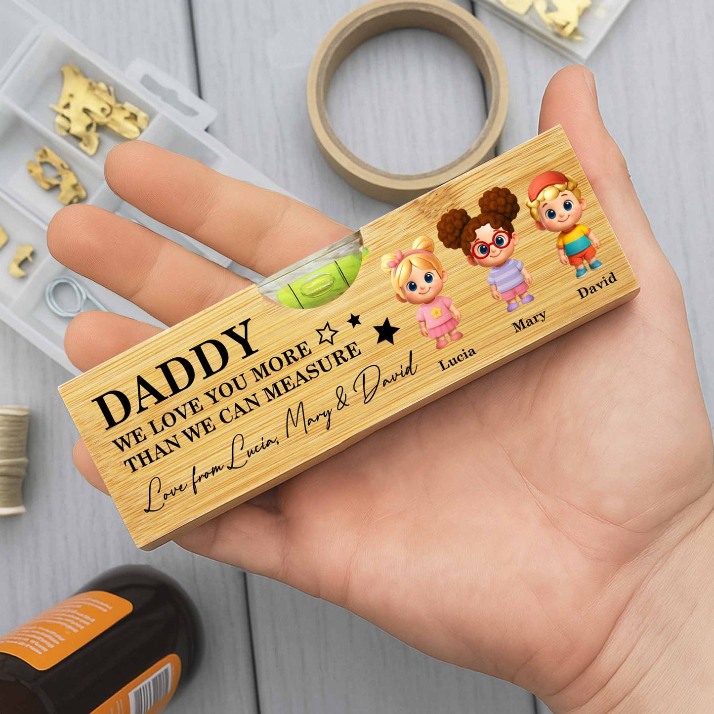 Daddy We Love You More Than We Can Measure, Spirit Level With Cartoon Figures