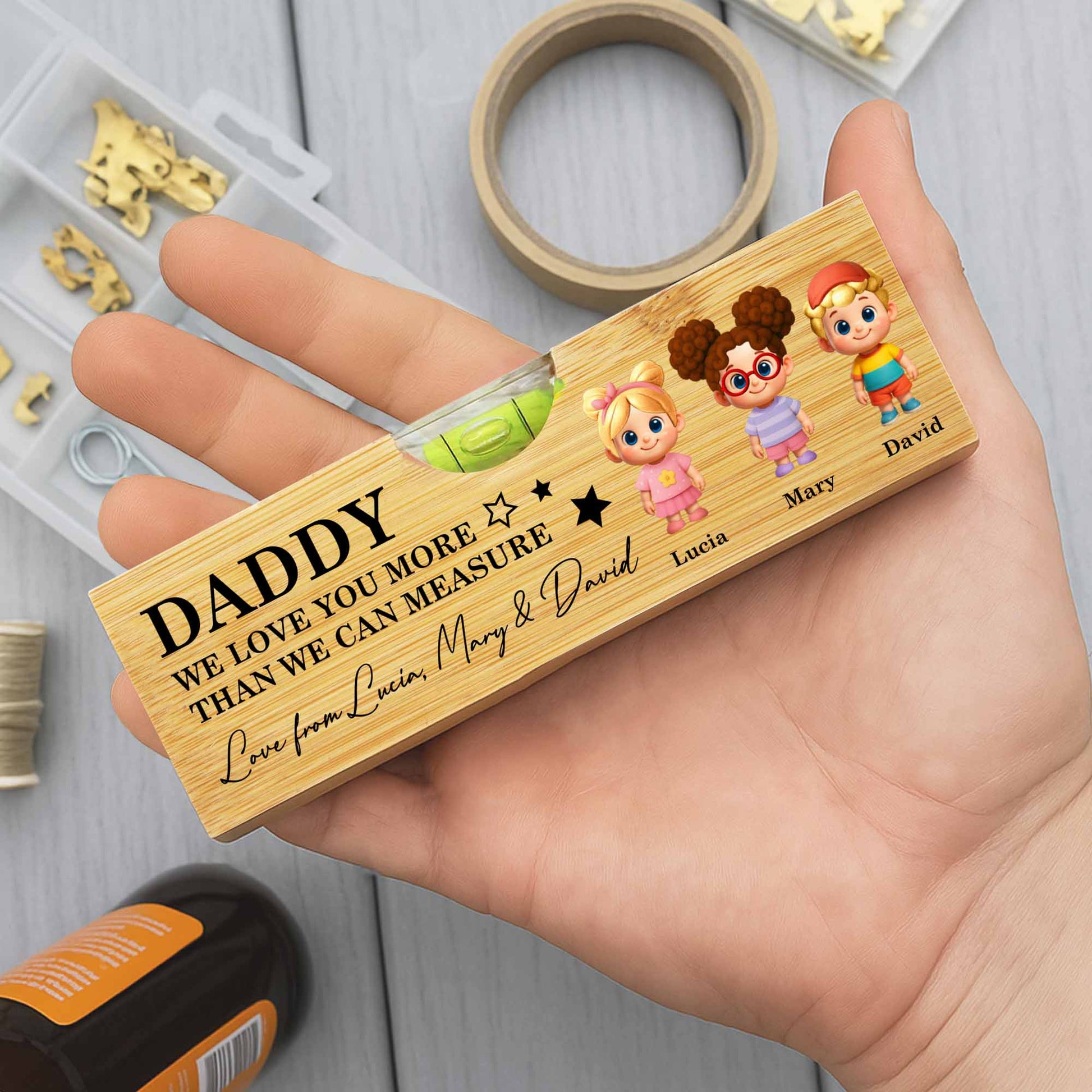 Daddy We Love You More Than We Can Measure, Spirit Level With Cartoon Figures