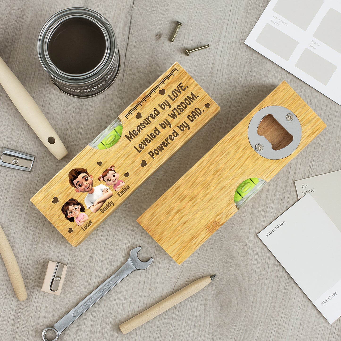 Measured By Love, Leveled By Wisdom, Powered By Dad, Spirit Level And Bottle Opener