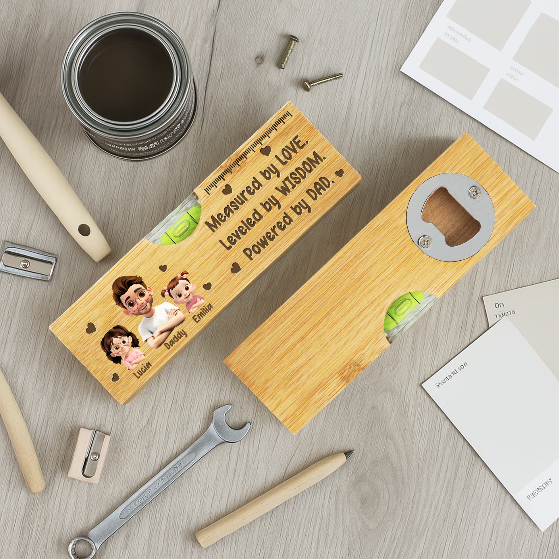 Measured By Love, Leveled By Wisdom, Powered By Dad, Spirit Level And Bottle Opener