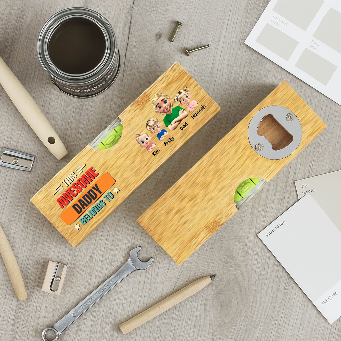 This Awesome Daddy Belongs To, Cartoon Family, Spirit Level, Bottle Opener