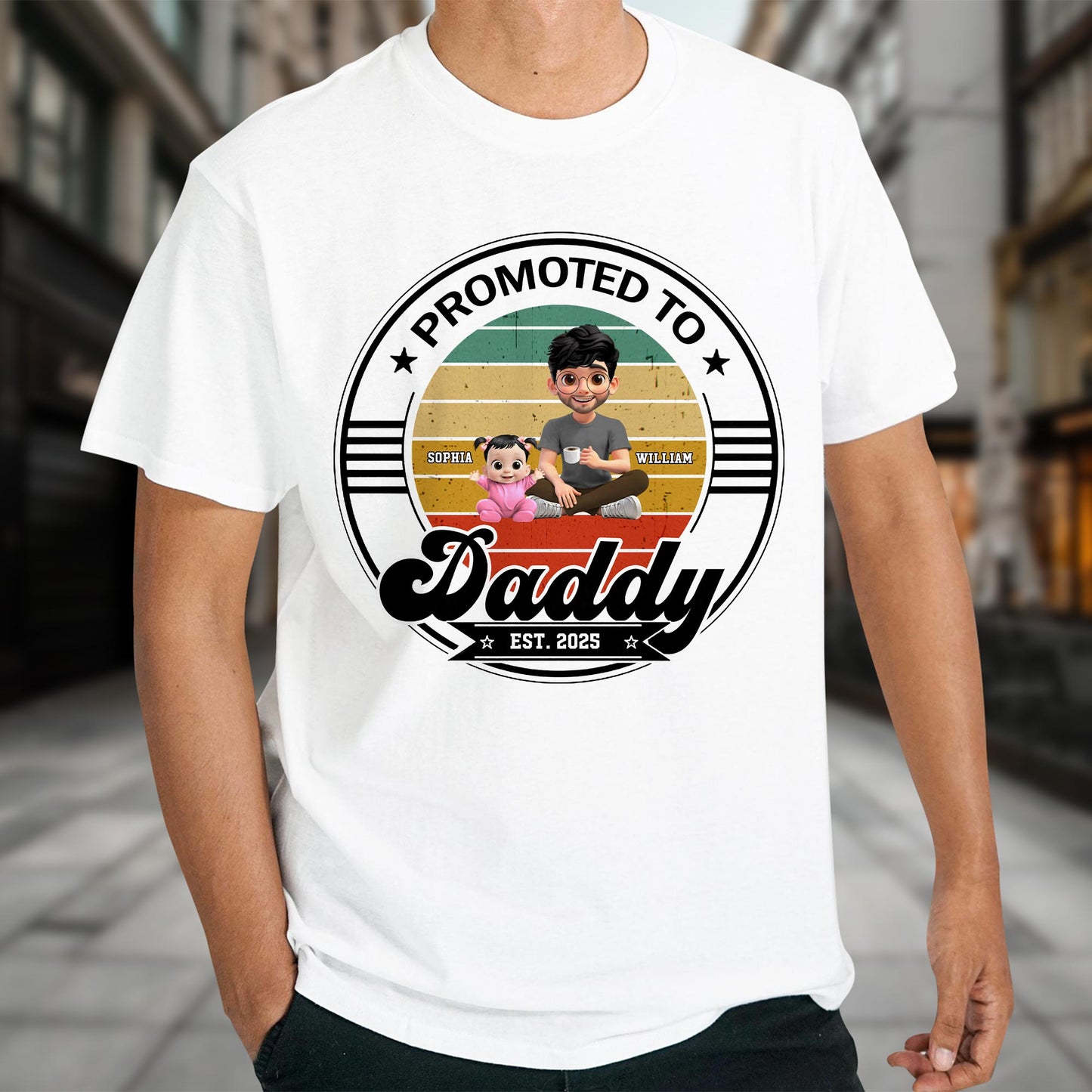 Promoted To Daddy Est. 2025, Man Sitting With Baby And Stars