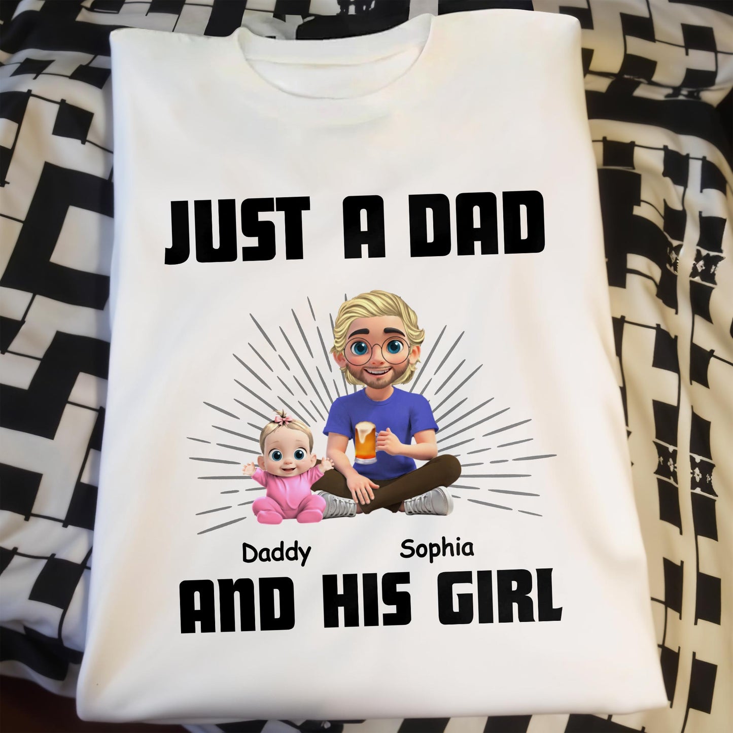 Juste un papa et sa fille, papa et sa fille de dessin animé - T-shirt unisexe personnalisé, sweat à capuche - DAD057_WBAS