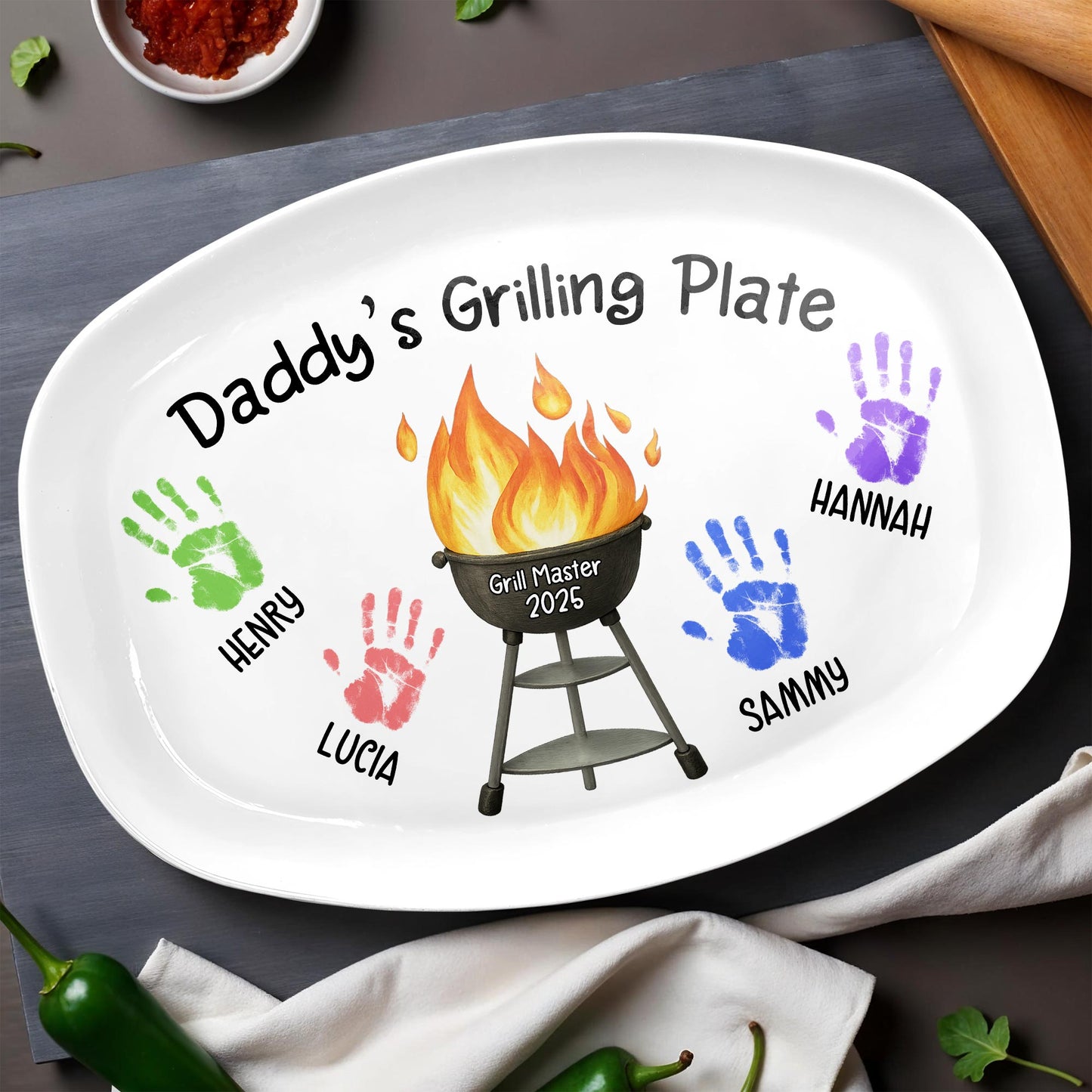 Daddy's Grilling Plate With Handprints And Flames