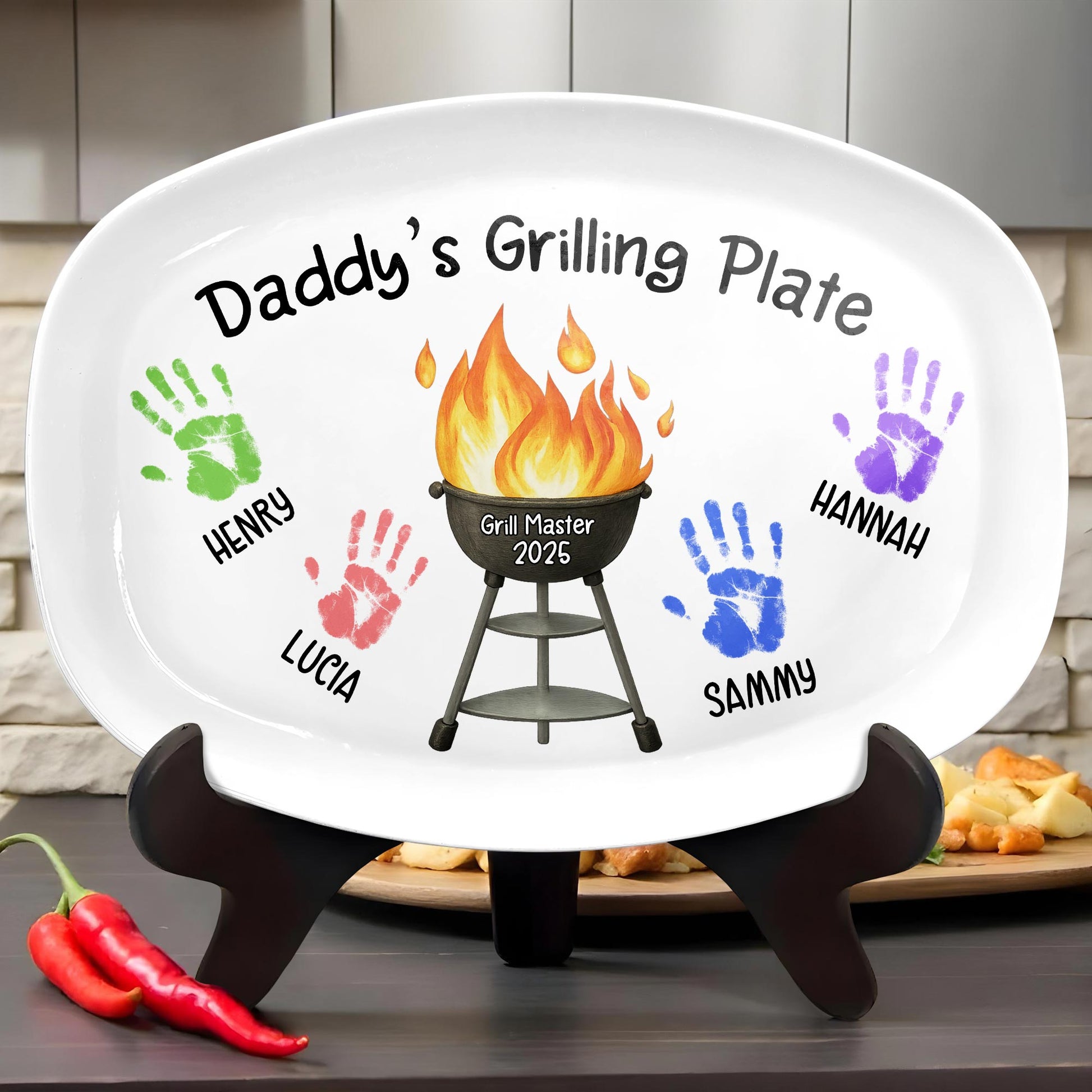 Daddy's Grilling Plate With Handprints And Flames