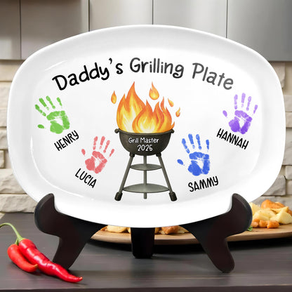 Daddy's Grilling Plate With Handprints And Flames