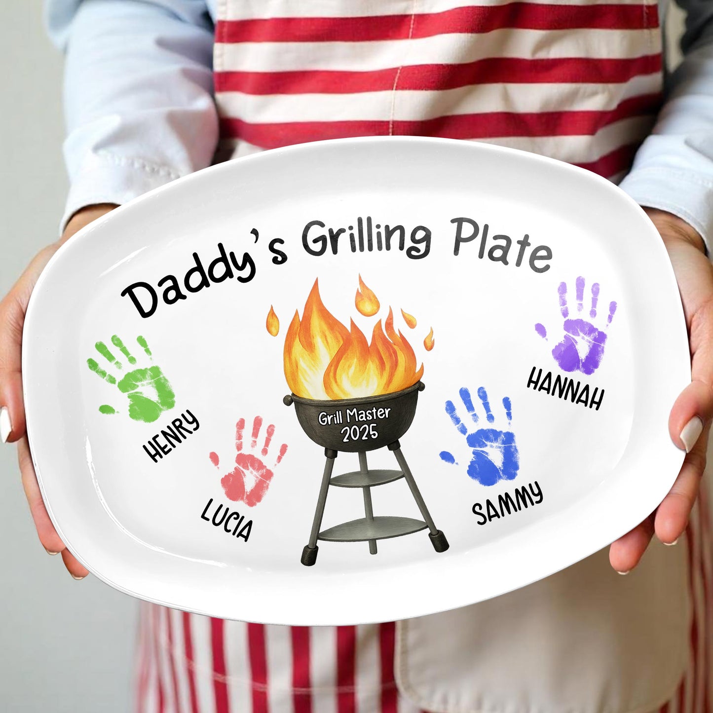 Daddy's Grilling Plate With Handprints And Flames