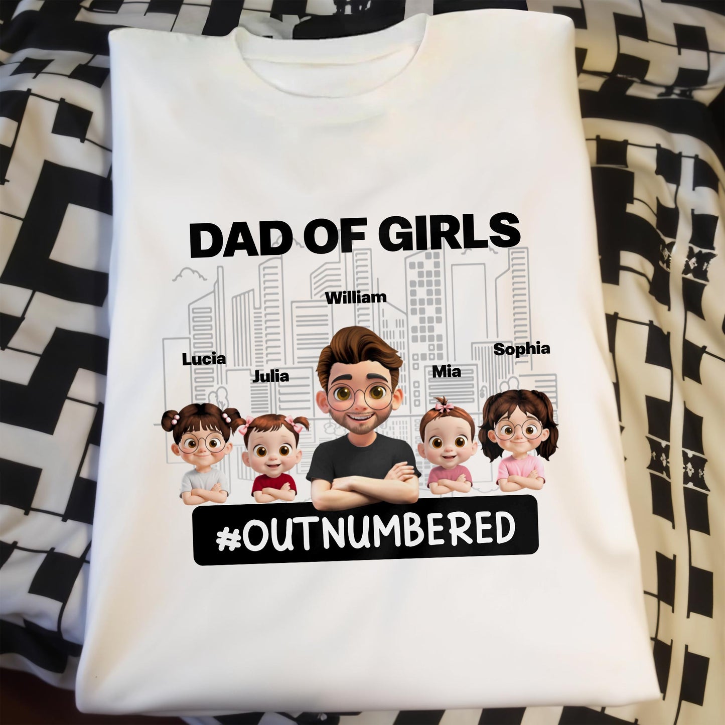 Dad Of Girls #Outnumbered, Cartoon Characters And Cityscape