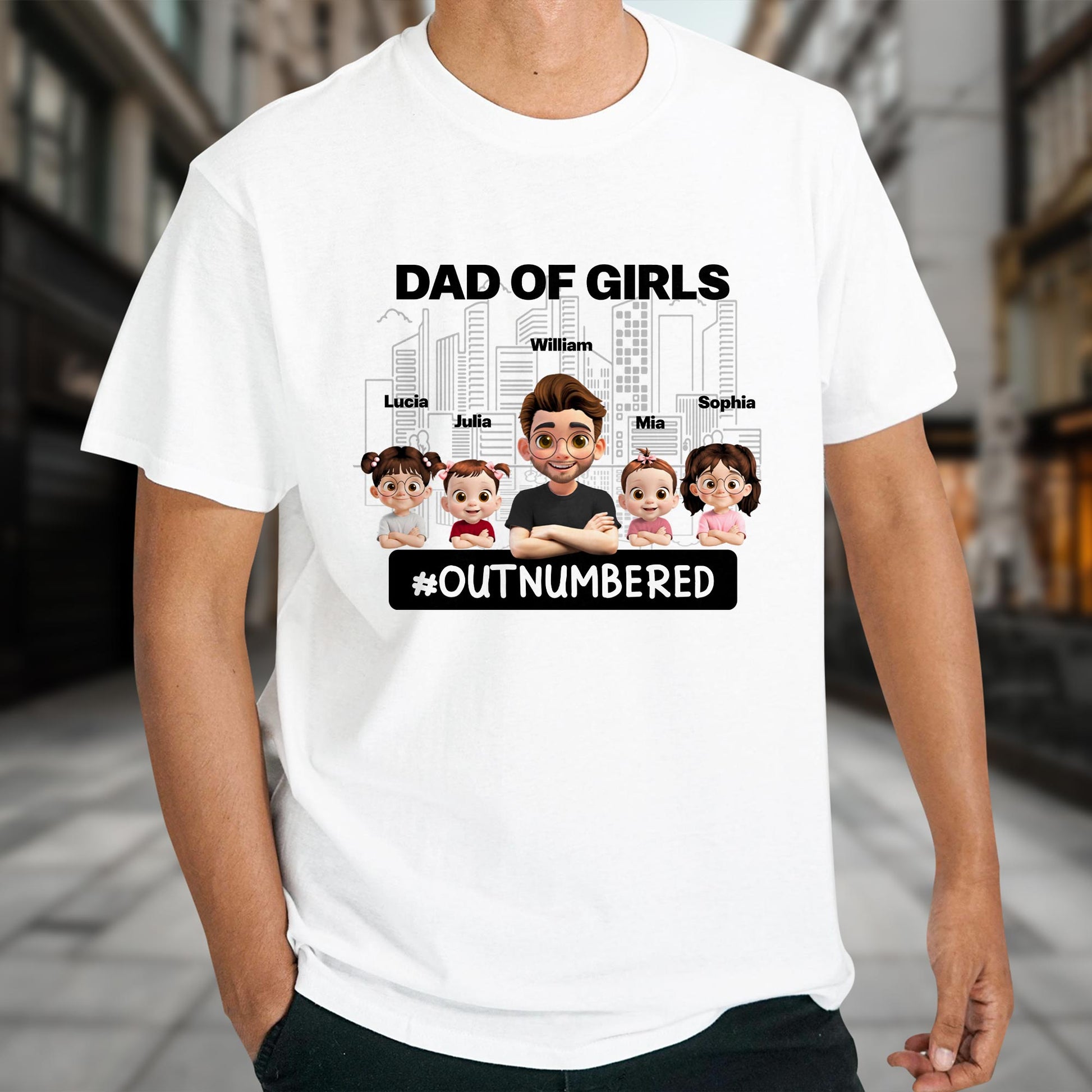 Dad Of Girls #Outnumbered, Cartoon Characters And Cityscape