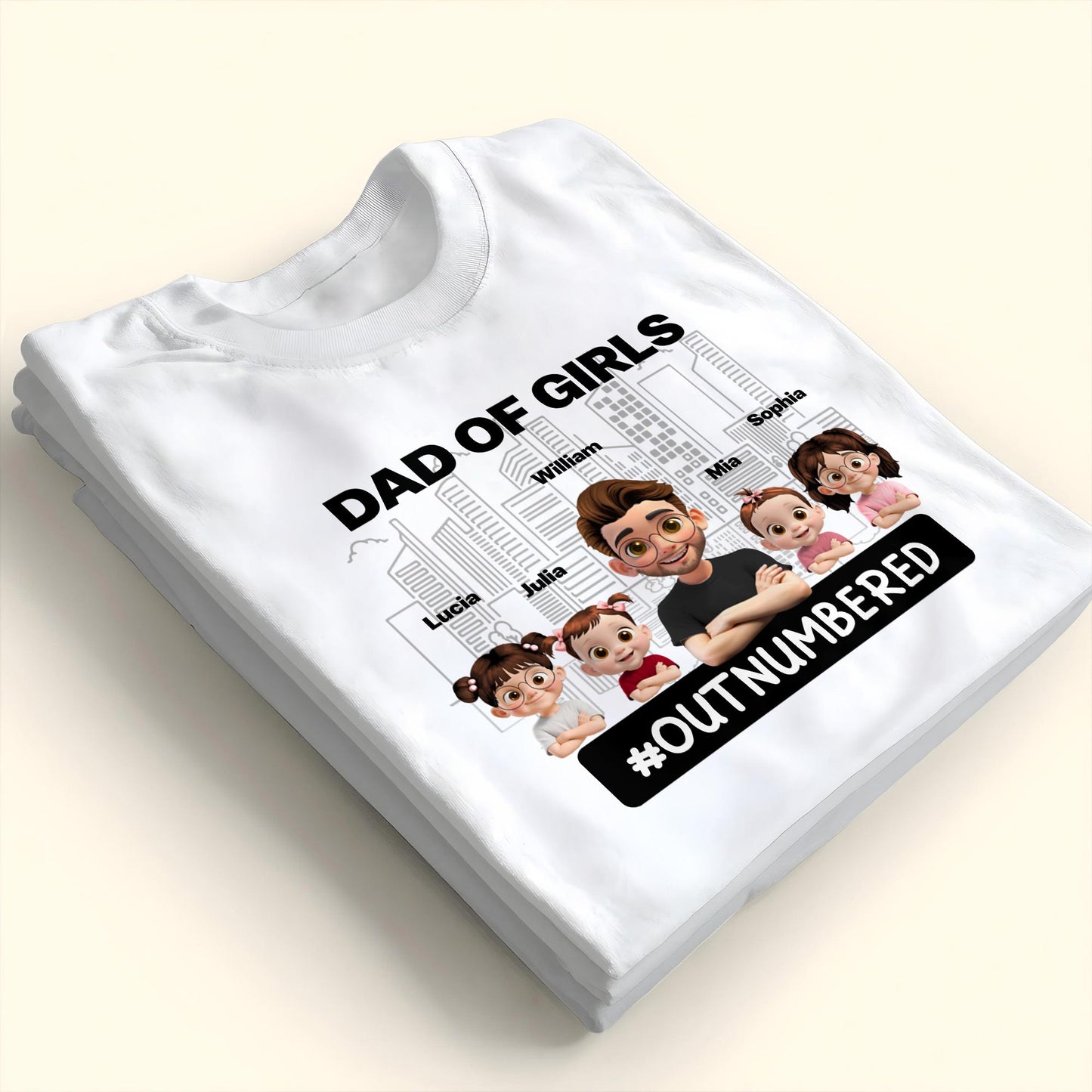 Dad Of Girls #Outnumbered, Cartoon Characters And Cityscape