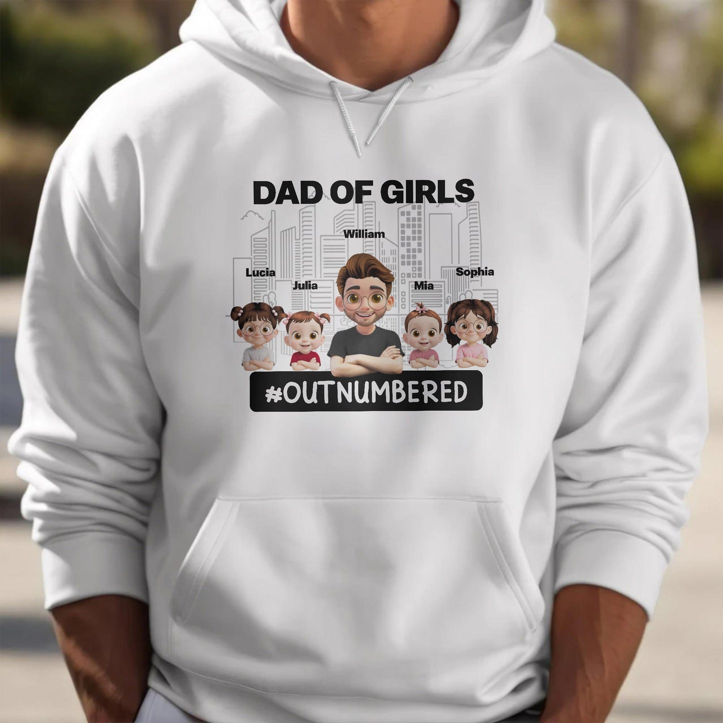 Dad Of Girls #Outnumbered, Cartoon Characters And Cityscape