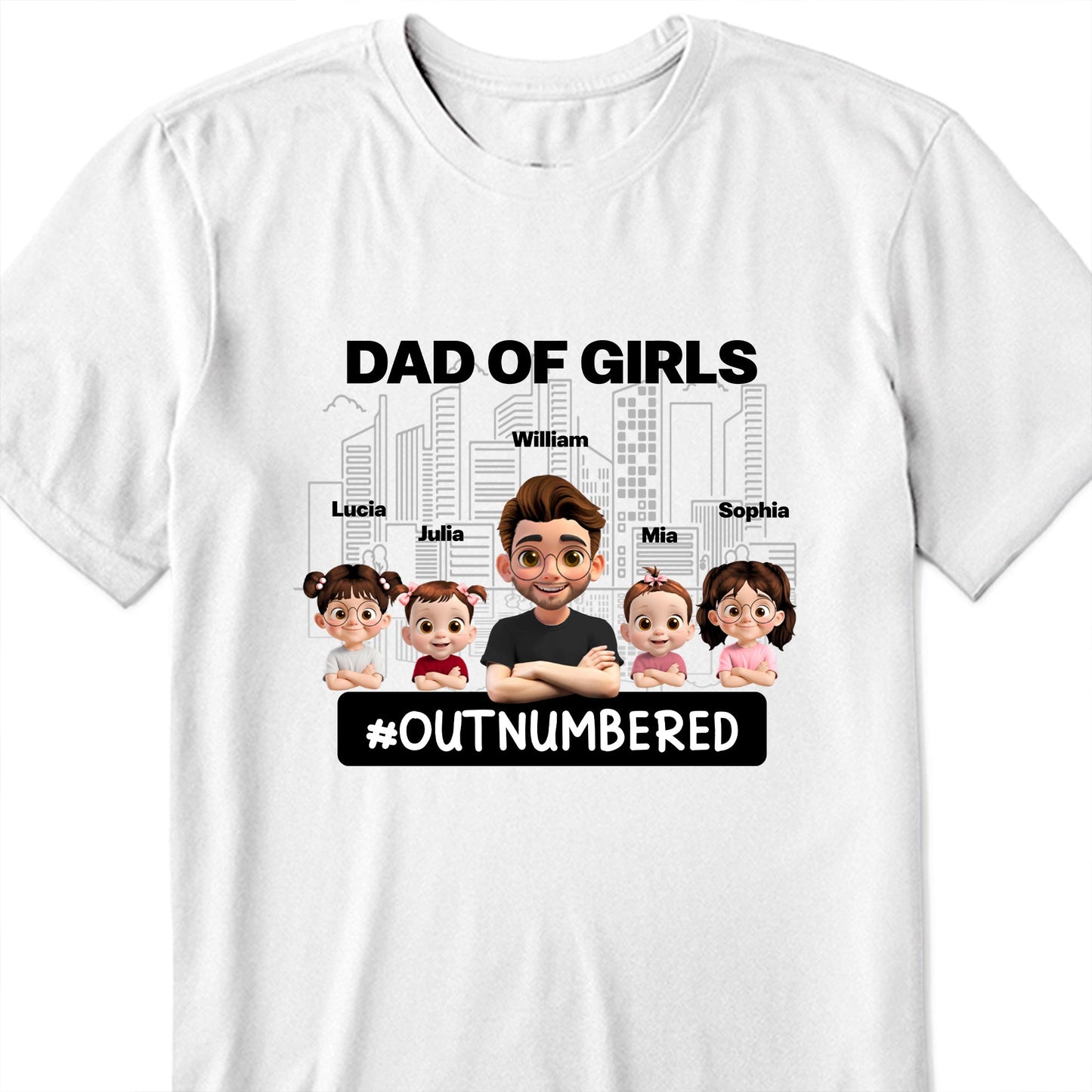 Dad Of Girls #Outnumbered, Cartoon Characters And Cityscape