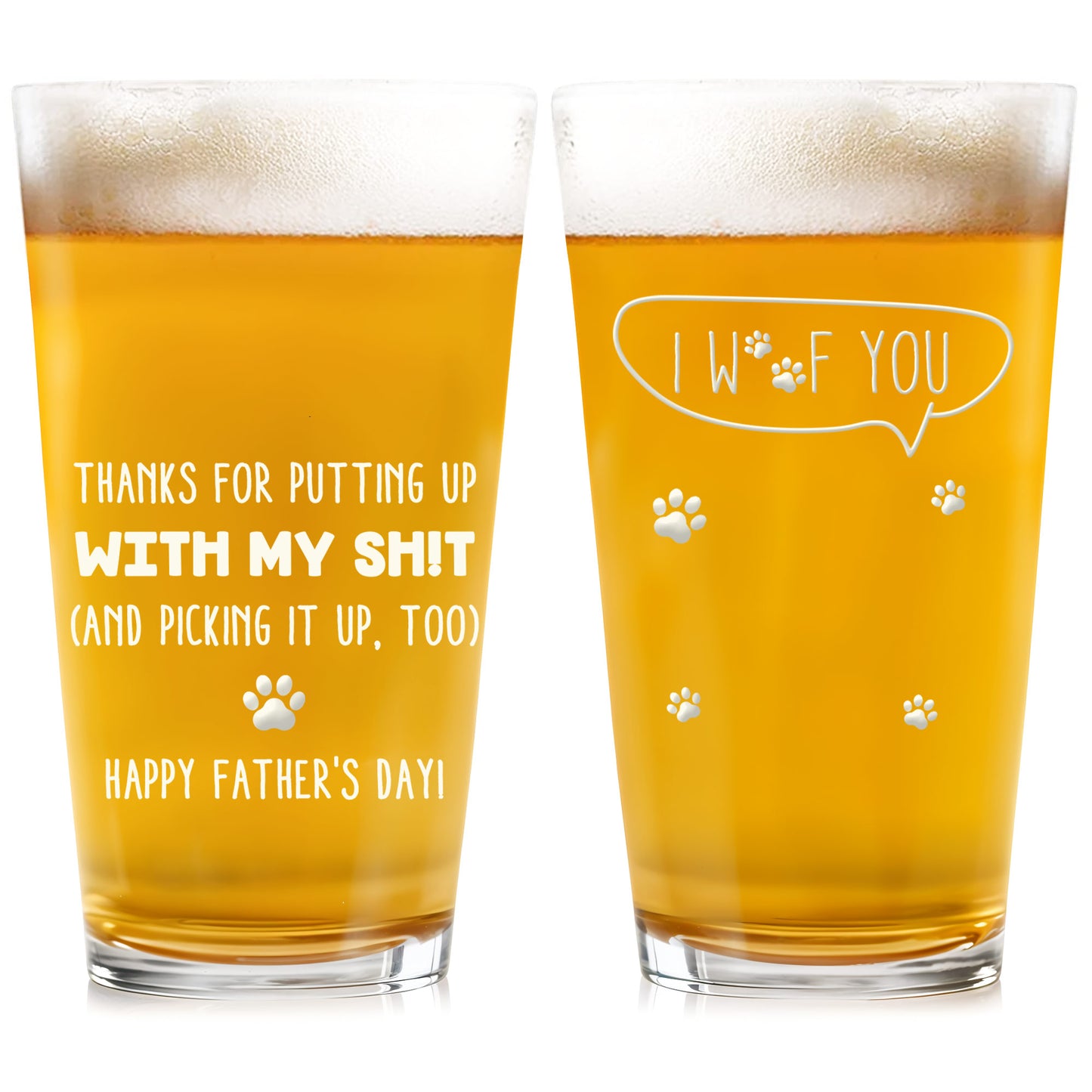 Dad, Thanks For Putting Up With My Shit, Dog and Paw Prints - Personalized Custom Beer Glass - DAD084_BRG