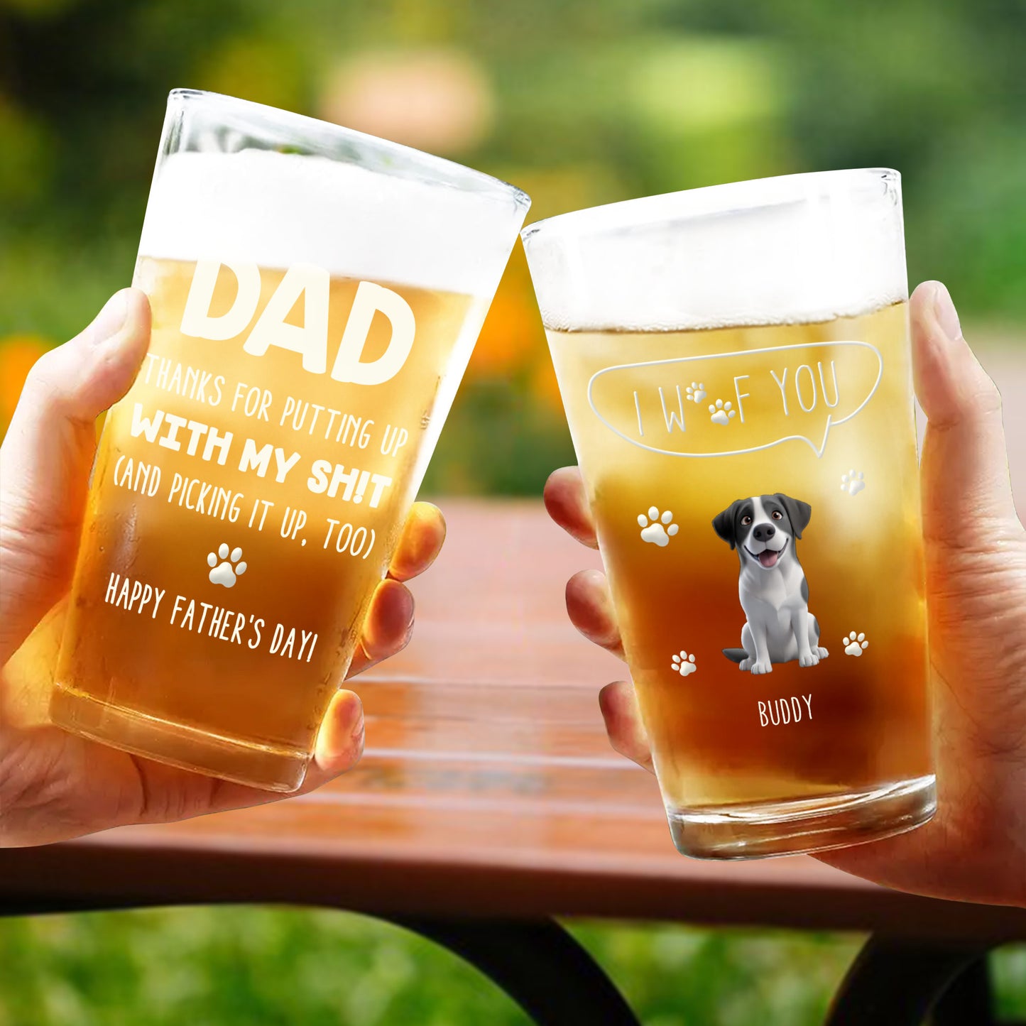 Dad, Thanks For Putting Up With My Shit, Dog and Paw Prints - Personalized Custom Beer Glass - DAD084_BRG