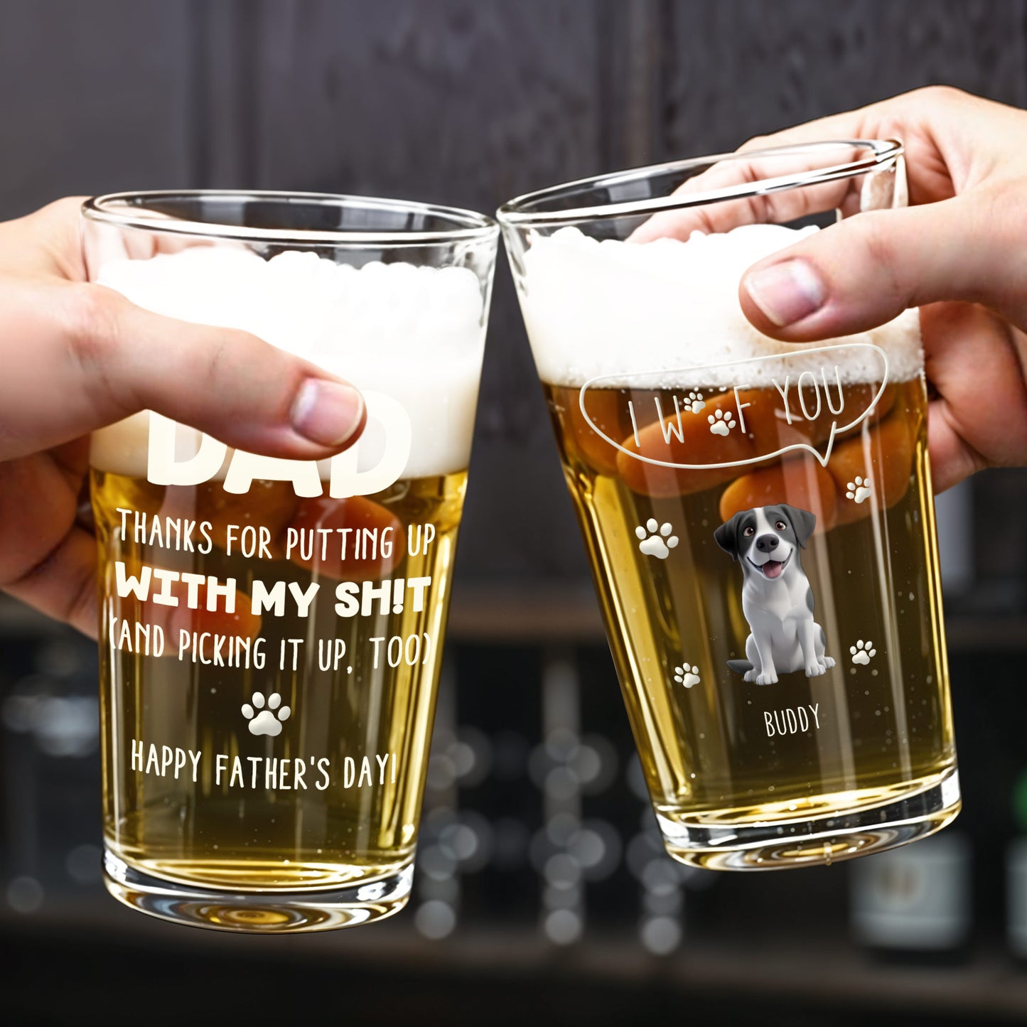 Dad, Thanks For Putting Up With My Shit, Dog and Paw Prints - Personalized Custom Beer Glass - DAD084_BRG