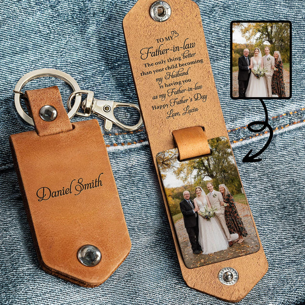 To My Father-in-law, The only thing better, Wedding Photo Leather Keychain