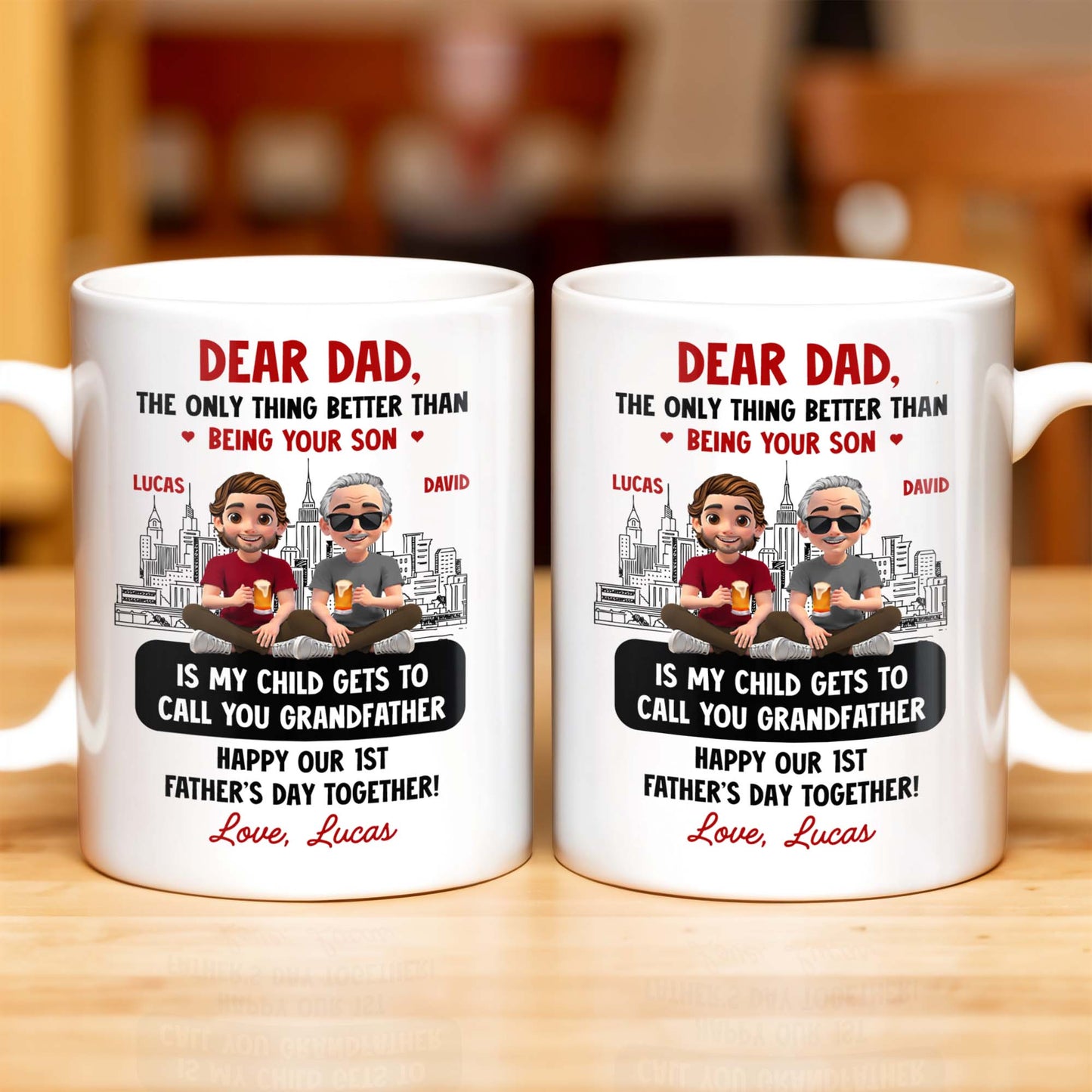 Dear Dad, The Only Thing Better Than Being Your Son, Cartoon Characters and City Skyline - Personalized Custom Coffee Mug - DAD106_MG