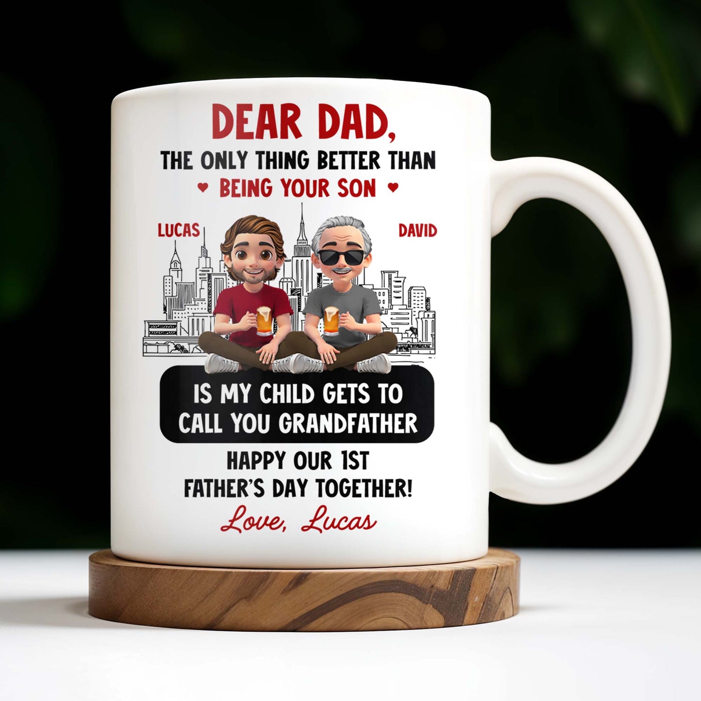 Dear Dad, The Only Thing Better Than Being Your Son, Cartoon Characters and City Skyline - Personalized Custom Coffee Mug - DAD106_MG