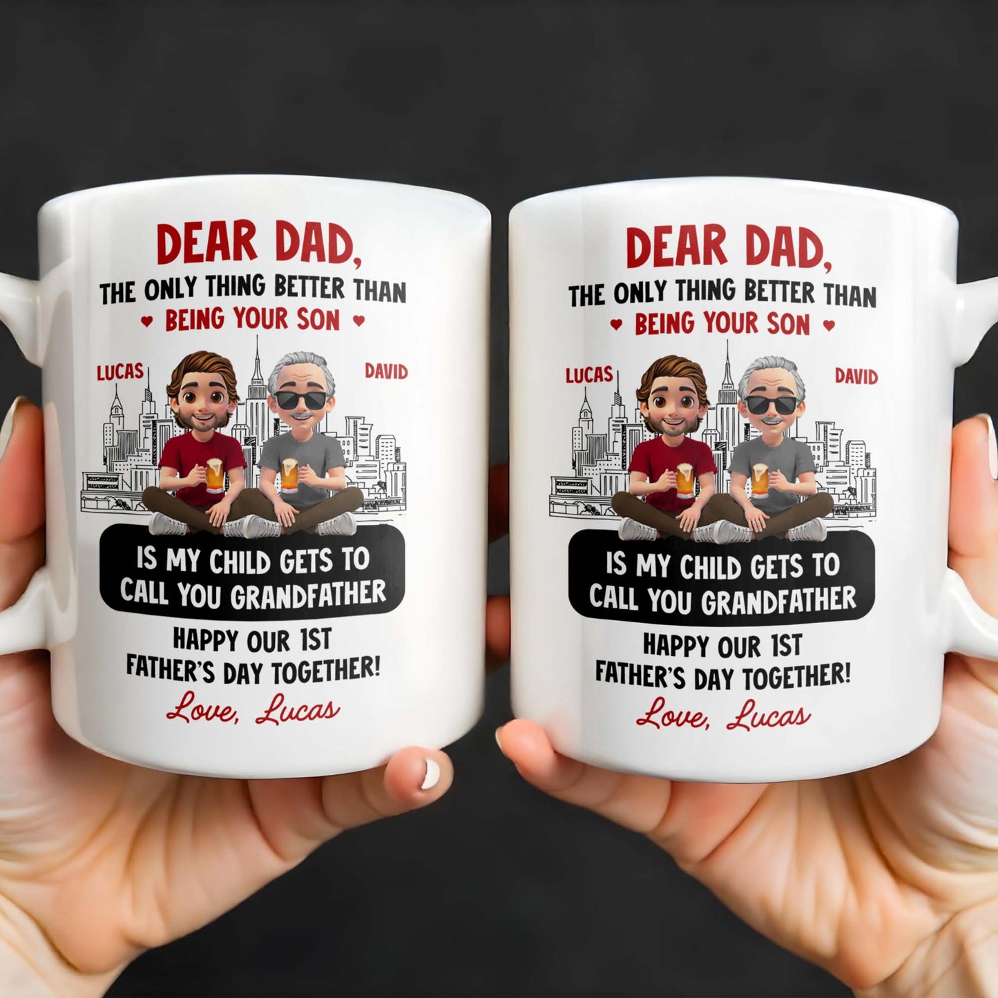 Dear Dad, The Only Thing Better Than Being Your Son, Cartoon Characters and City Skyline - Personalized Custom Coffee Mug - DAD106_MG