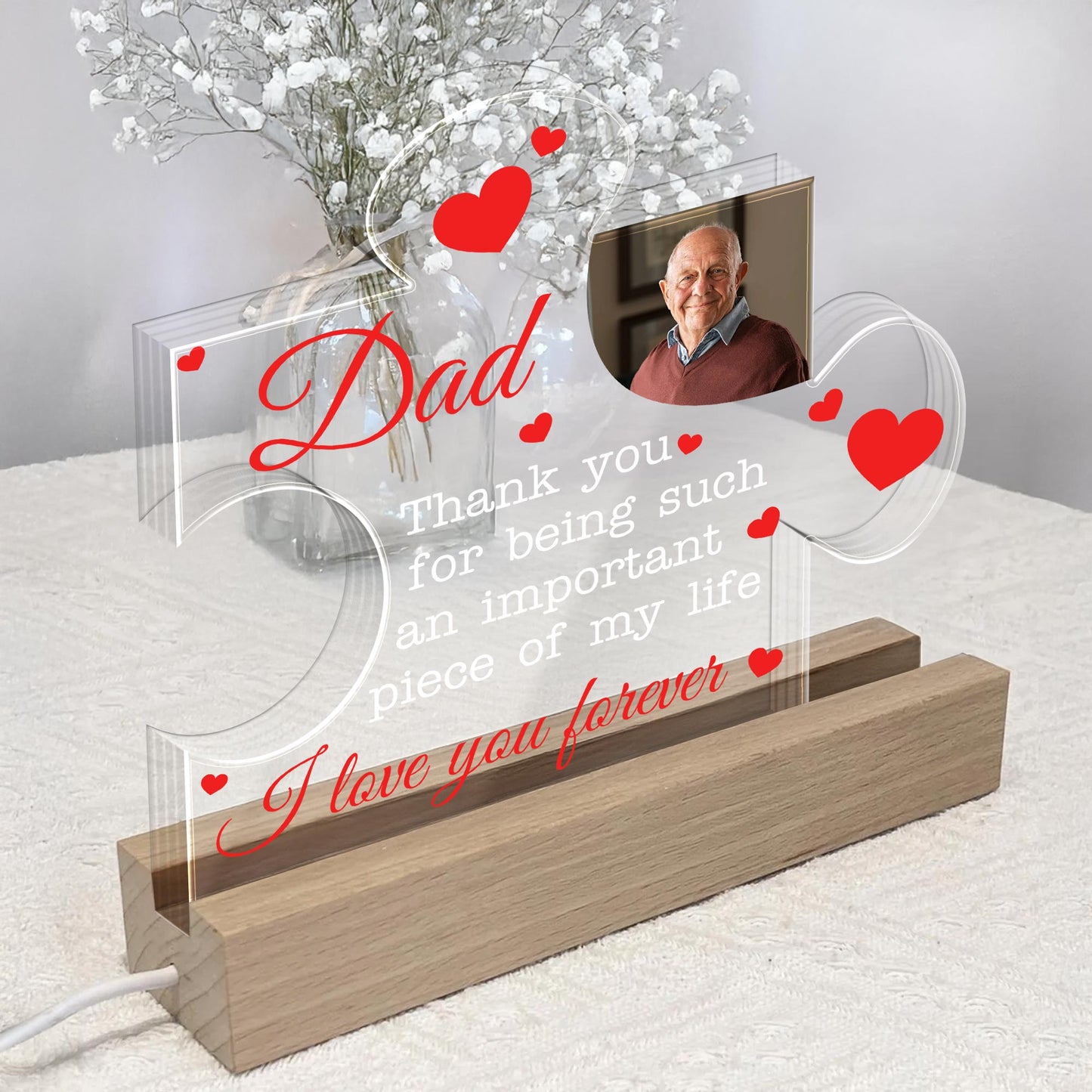 Dad, Thank You For Being Such An Important Piece Of My Life, Hearts and Puzzle Piece - Personalized LED Night Light With Wooden Base - DAD107_LEWO