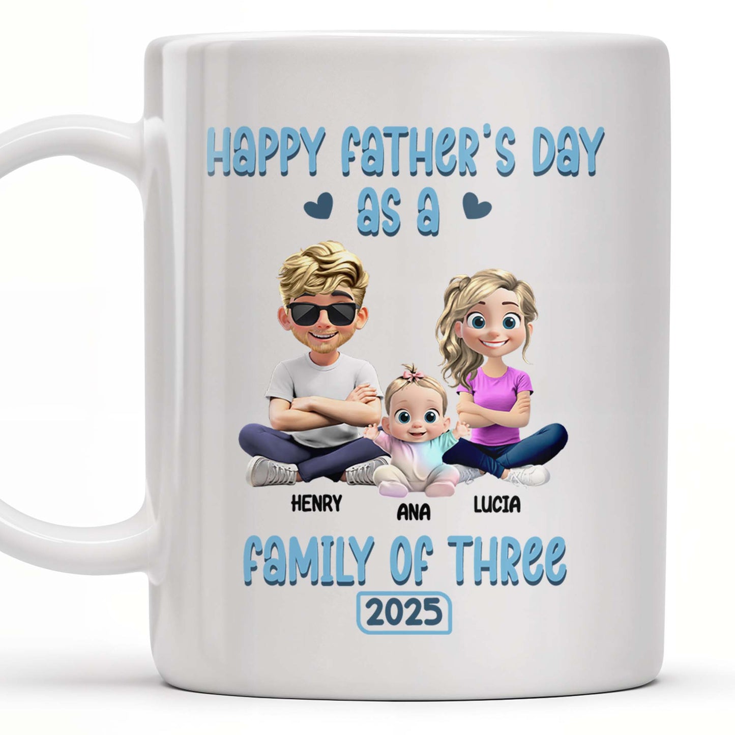 Happy Father's Day As A Family Of Three, Hearts And Family Design